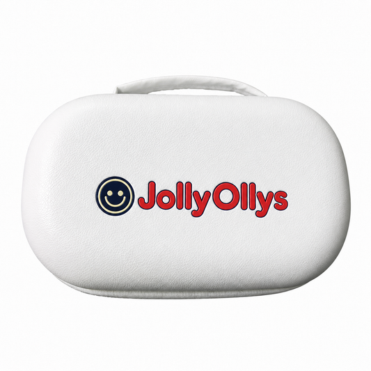 JollyOllys white kids toy storage carry case with playful logo for small toys and accessories