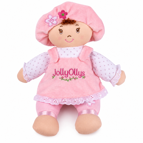 JollyOllys pink soft plush doll with matching hat and embroidered details for children’s toy collection