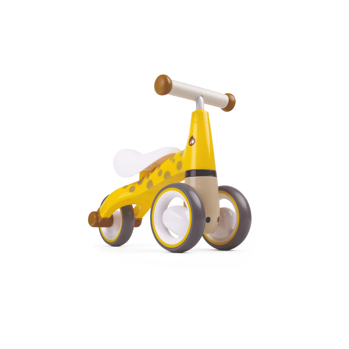 Yellow giraffe toddler balance bike ride-on toy with white seat and four wheels