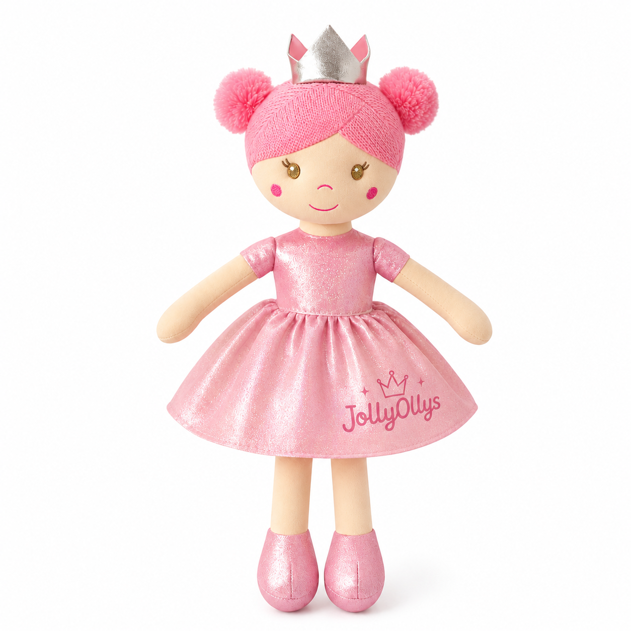 JollyOllys pink princess plush doll with silver crown and shiny pink dress for children’s toy collection