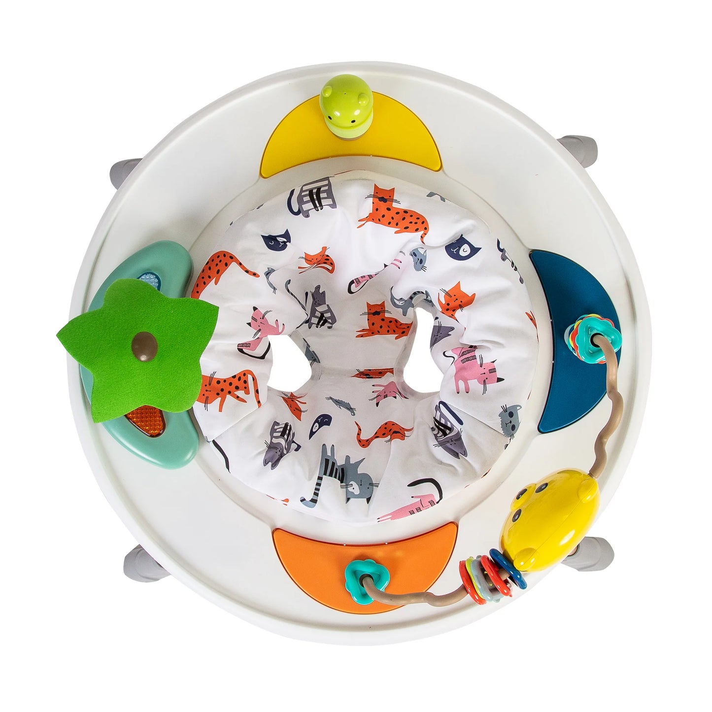 Baby 360 activity walker seat with colourful play tray and animal print fabric seat
